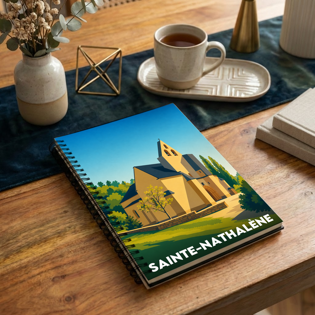 Carnet souvenir de la ville de Sainte-Nathalène avec une illustration stylisée.