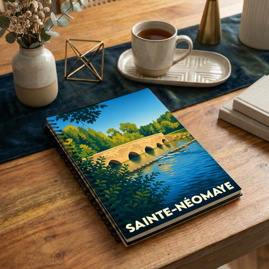 Carnet souvenir de la ville de Sainte-Néomaye avec une illustration stylisée d'un pont en pierre.
