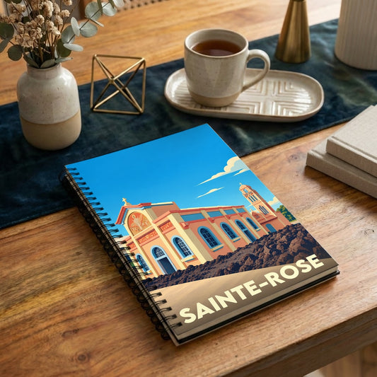 Carnet souvenir de la ville de Sainte-Rose avec une illustration stylisée de l'église Notre-Dame-des-Laves.