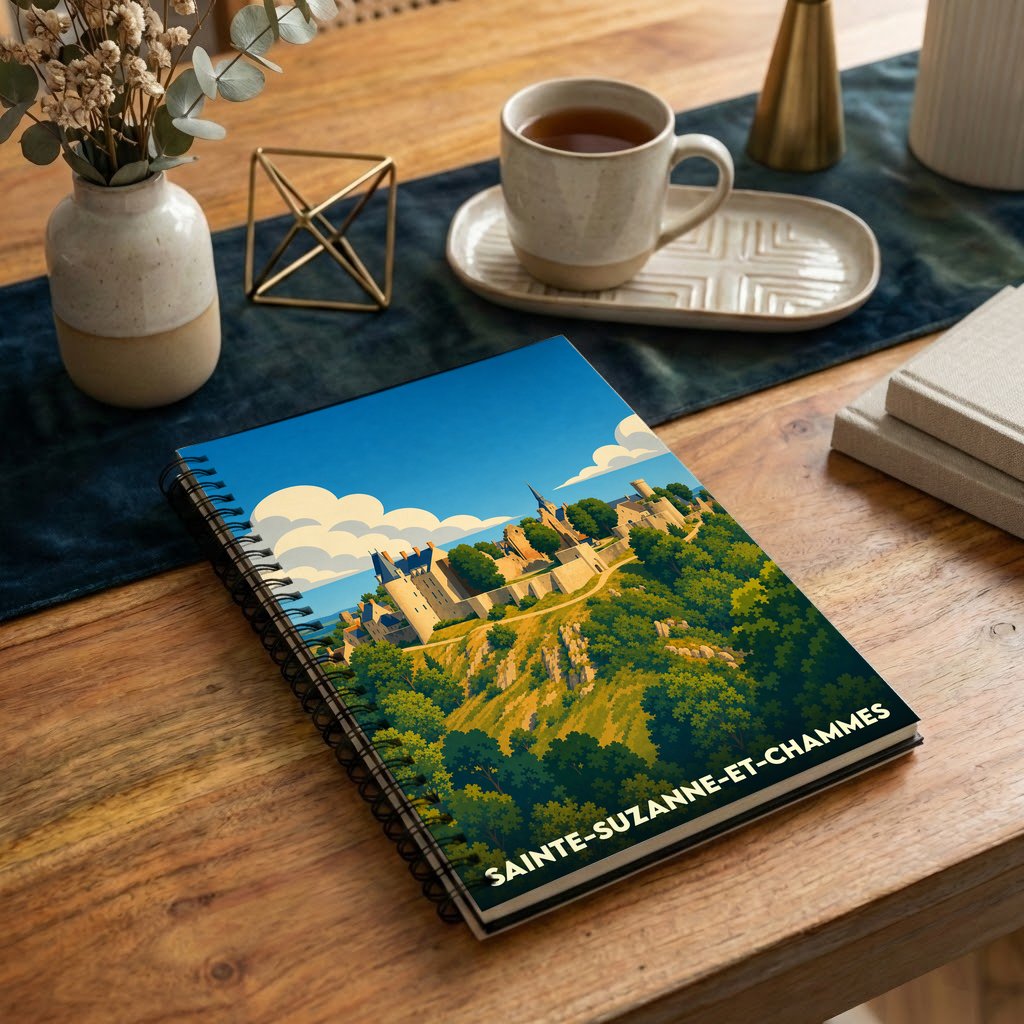 Carnet de notes à spirales avec une illustration stylisée de la ville de Sainte-Suzanne-et-Chammes.