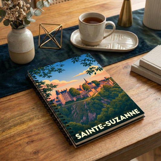 Carnet souvenir de la ville de Sainte-Suzanne avec une illustration stylisée d'un château médiéval au coucher du soleil.