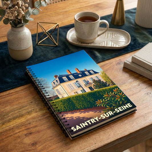 Carnet souvenir de la ville de Saintry-sur-Seine avec une illustration stylisée d'un bâtiment historique.