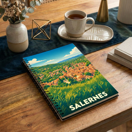 Carnet à spirales souvenir de la ville de Salernes avec une illustration paysagère stylisée.