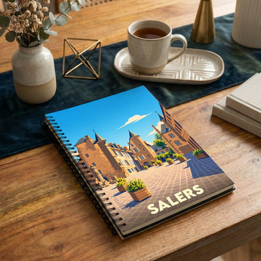 Carnet à spirale souvenir de la ville de Salers avec une illustration stylisée de sa place historique.