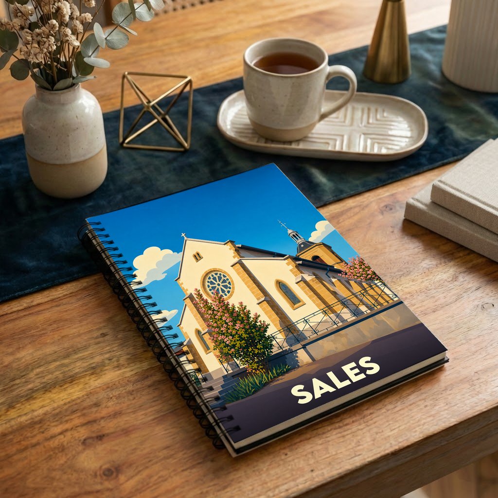 Carnet à spirales souvenir de la ville de Sales orné d'une illustration stylisée de son église.
