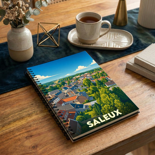 Carnet à spirales souvenir de la ville de Saleux avec une illustration paysagère stylisée.