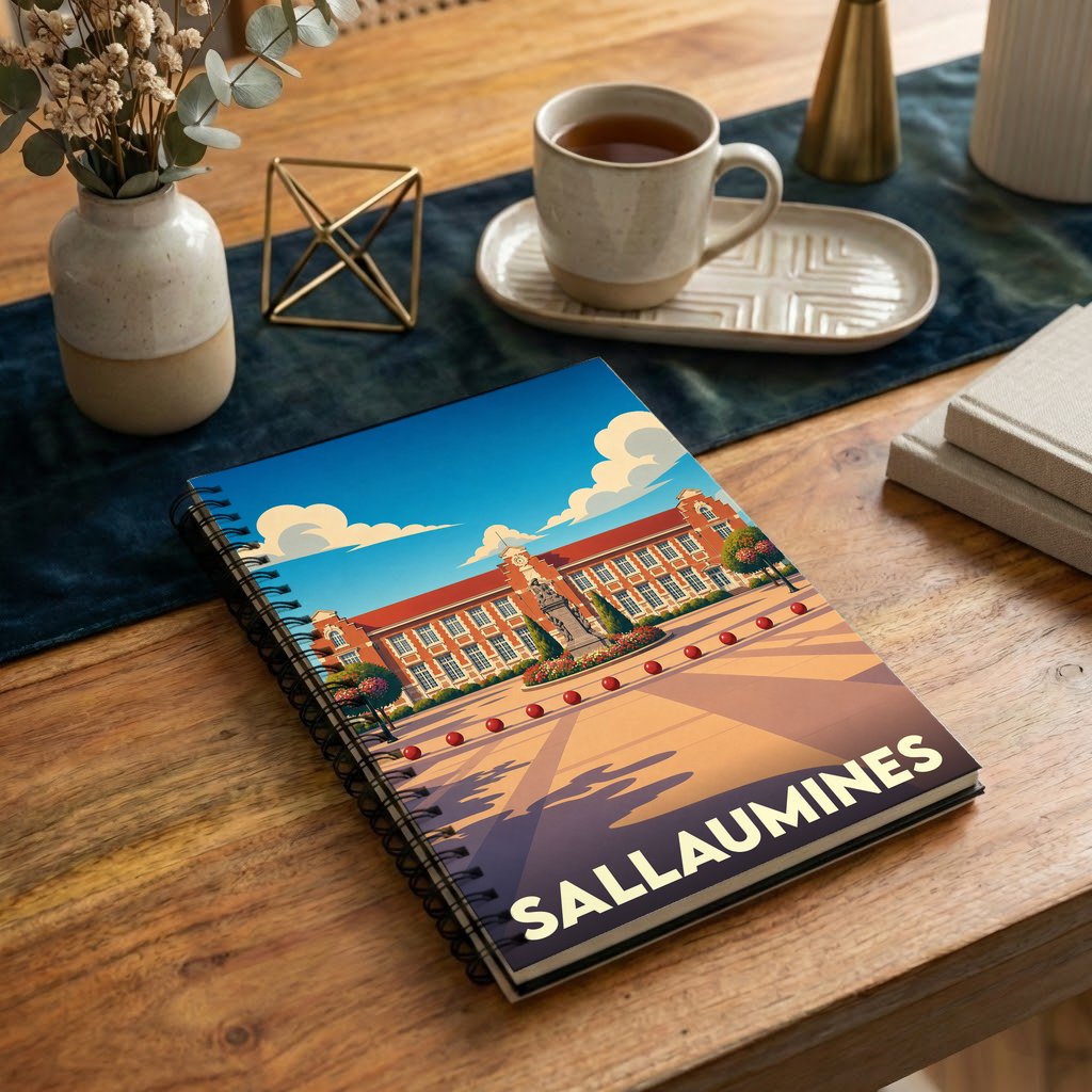 Carnet à spirales souvenir de la ville de Sallaumines avec une illustration stylisée de son hôtel de ville.