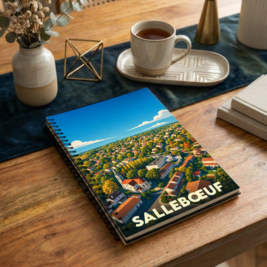 Carnet souvenir de la ville de Sallebœuf avec une illustration stylisée d'un paysage urbain.