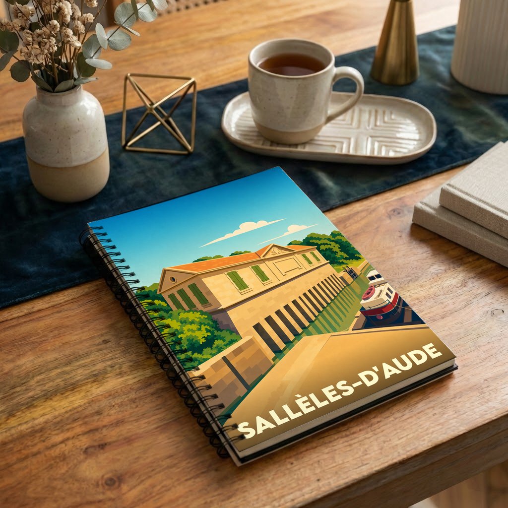 Carnet souvenir de la ville de Sallèles-d'Aude avec une illustration stylisée du canal et de son architecture.