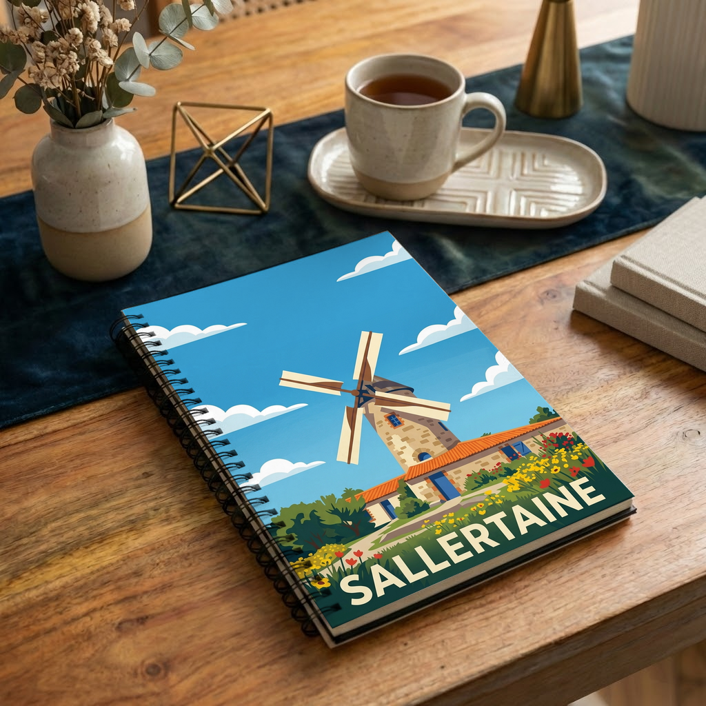 Carnet souvenir de la ville de Sallertaine avec une illustration stylisée d'un moulin.