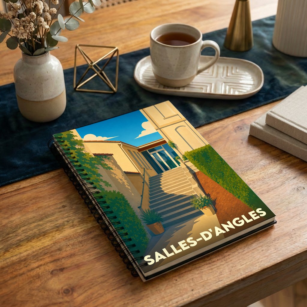 Carnet à spirales souvenir de la ville de Salles-d'Angles avec une illustration stylisée d'un escalier sous le soleil.