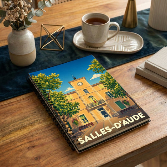 Carnet à spirales souvenir de la ville de Salles-d'Aude illustré d'une vue stylisée de la mairie.