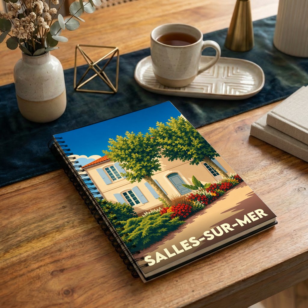 Carnet à spirales souvenir de Salles-sur-Mer avec une illustration stylisée d'une maison ensoleillée.