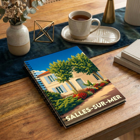 Carnet à spirales souvenir de Salles-sur-Mer avec une illustration stylisée d'une maison ensoleillée.