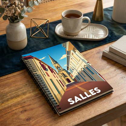 Carnet souvenir de la ville de Salles avec une illustration stylisée.