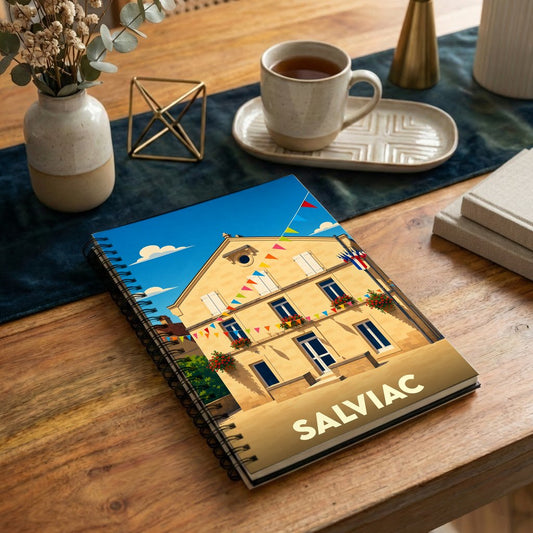 Carnet de notes souvenir de la ville de Salviac avec une illustration stylisée et colorée.