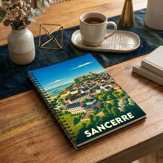 Carnet à spirales souvenir de la ville de Sancerre avec une illustration stylisée de ses toits et vignobles.