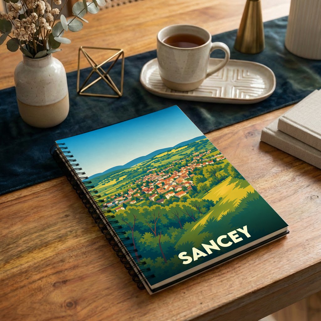 Carnet à spirales souvenir de la ville de Sancey avec une illustration de paysage stylisée.