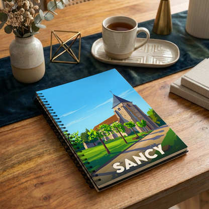 Carnet souvenir de la ville de Sancy avec une illustration stylisée.