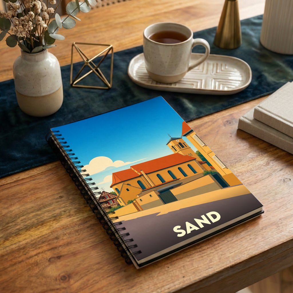 Carnet souvenir de la ville de Sand avec une illustration stylisée de son église.