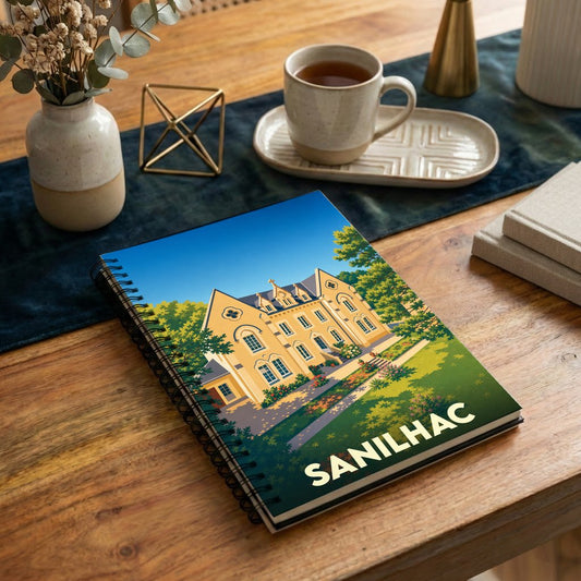 Carnet souvenir de la ville de Sanilhac avec une illustration stylisée d'un manoir.