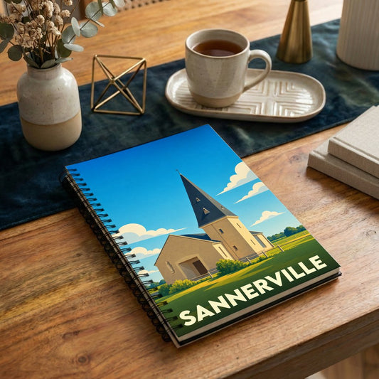 Carnet à spirales souvenir de la ville de Sannerville avec une illustration stylisée d'une église sous un ciel bleu.