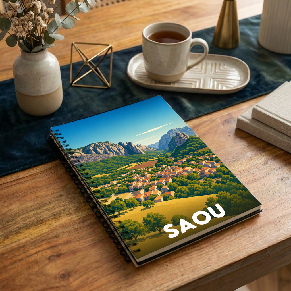 Carnet souvenir de la ville de Saou avec une illustration stylisée de son paysage montagneux.
