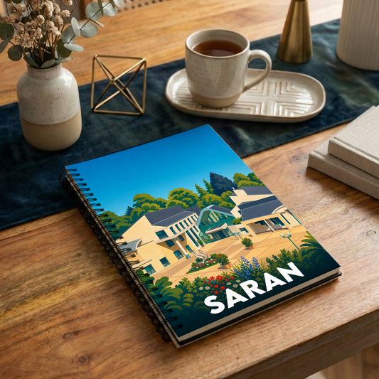 Carnet souvenir de la ville de Saran avec une illustration stylisée.