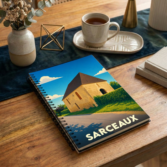 Carnet souvenir de la ville de Sarceaux avec une illustration stylisée de son patrimoine.