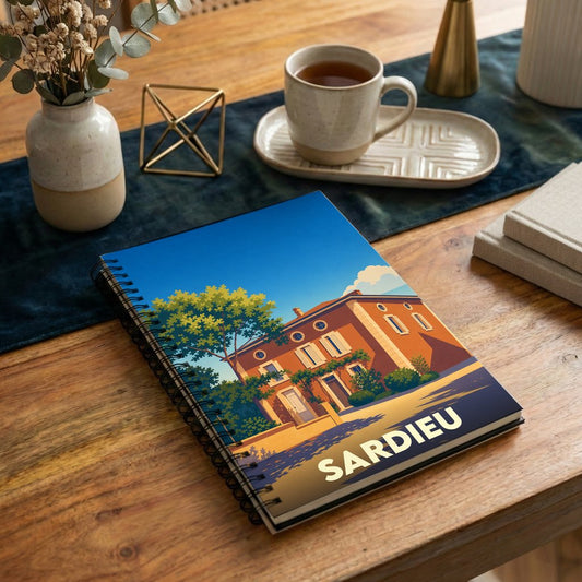 Carnet à spirales souvenir de la ville de Sardieu avec une illustration stylisée d'une maison provençale.