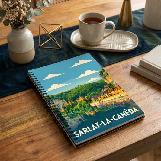 Carnet souvenir de la ville de Sarlat-la-Canéda avec une illustration graphique stylisée.