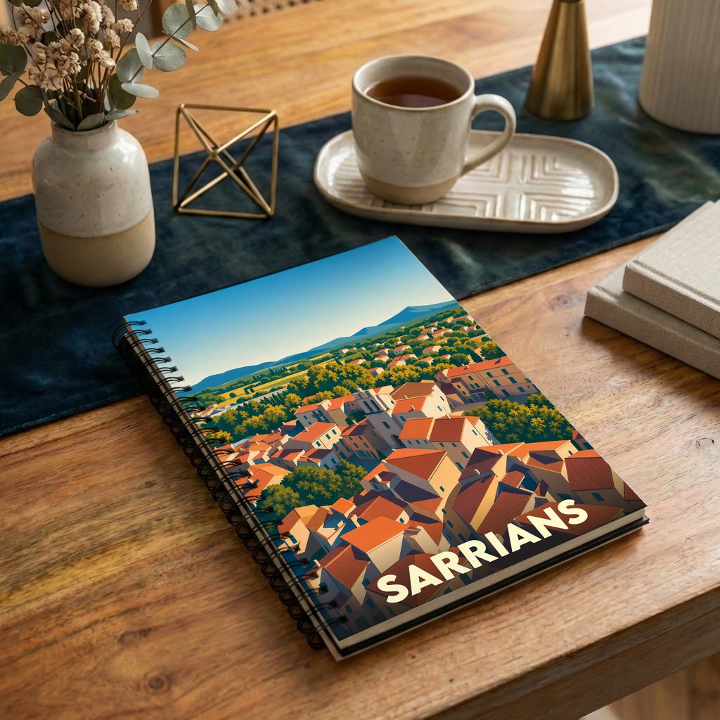 Carnet souvenir de la ville de Sarrians avec une illustration stylisée de ses toits provençaux.