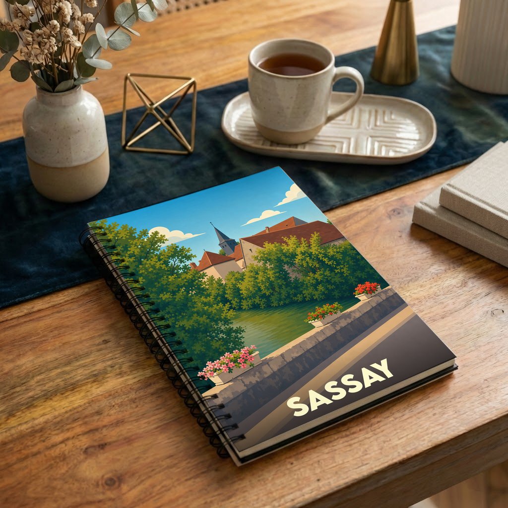 Carnet souvenir de la ville de Sassay orné d'une illustration stylisée de son paysage urbain et de sa rivière.