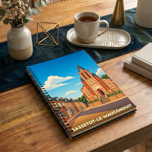 Carnet de notes souvenir de la ville de Sassetot-le-Mauconduit avec une illustration stylisée de son église et de ses rues.