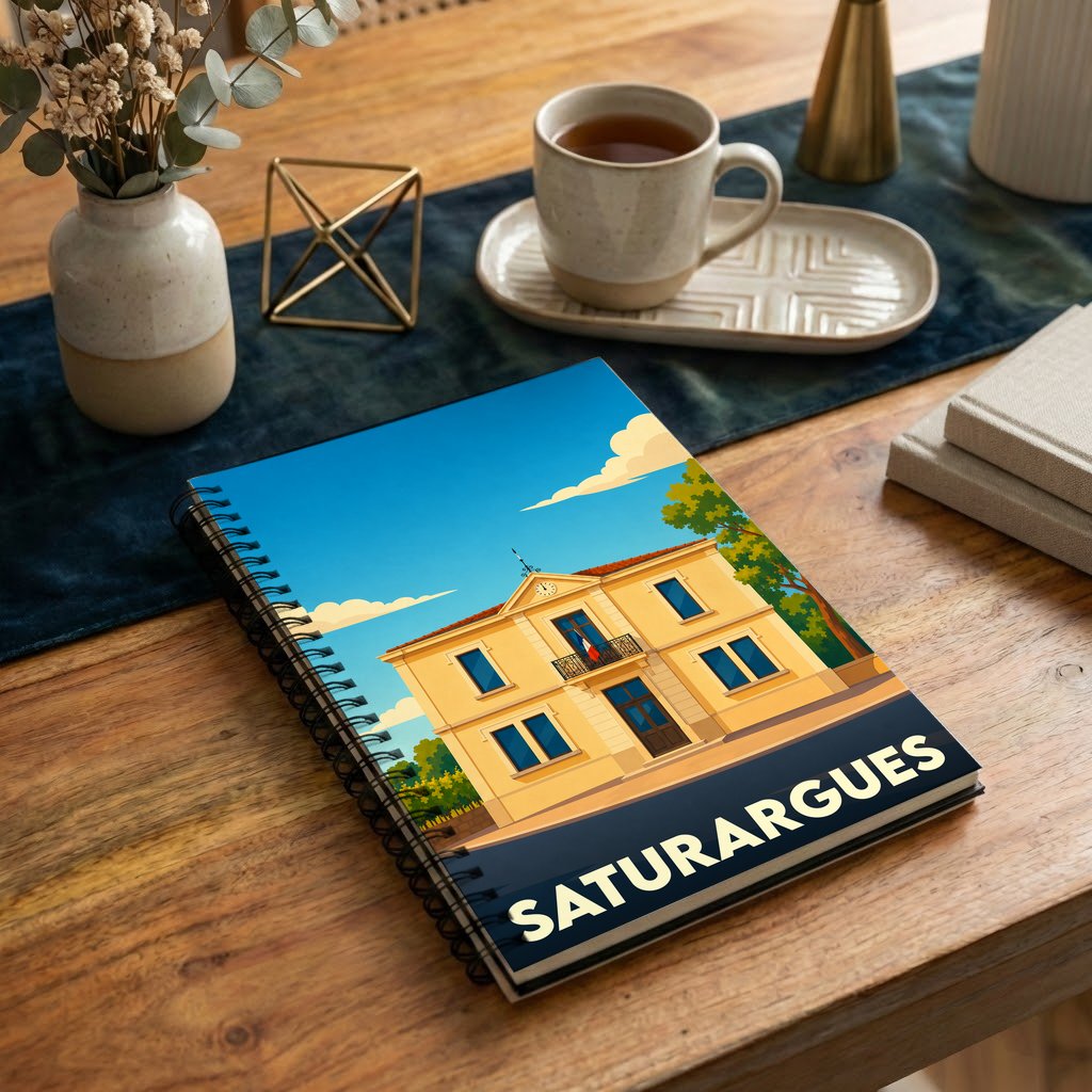 Carnet souvenir de la ville de Saturargues orné d'une illustration stylisée de sa mairie.