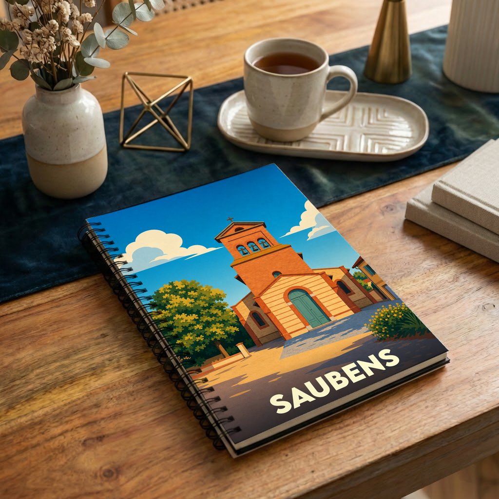Carnet à spirales souvenir de la ville de Saubens orné d'une illustration stylisée de son église.