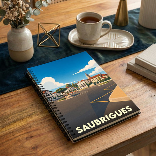Carnet à spirales souvenir de la ville de Saubrigues avec une illustration stylisée de son centre-bourg.