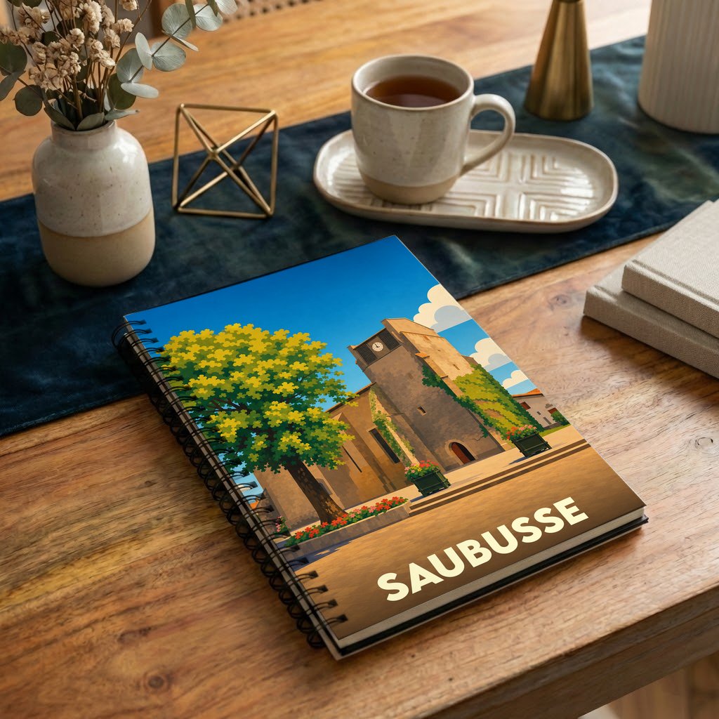 Carnet à spirales souvenir de la ville de Saubusse avec une illustration stylisée de son église.