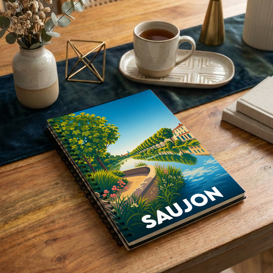Carnet souvenir de la ville de Saujon orné d'une illustration stylisée de ses bords de Seudre.