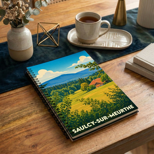 Carnet de notes souvenir de Saulcy-sur-Meurthe avec une illustration stylisée de paysages vosgiens.