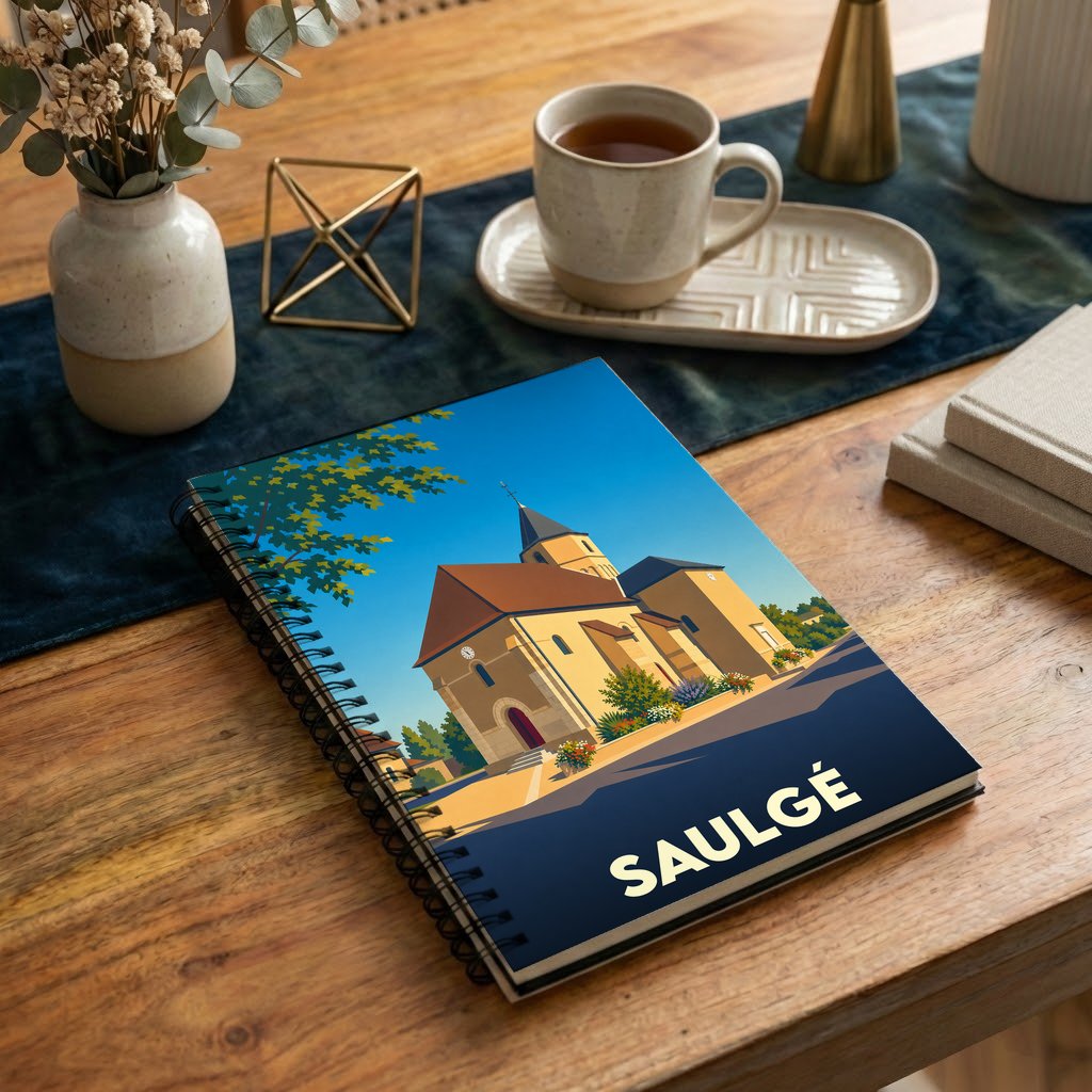 Carnet à spirales souvenir de la ville de Saulgé avec une illustration stylisée de son église.