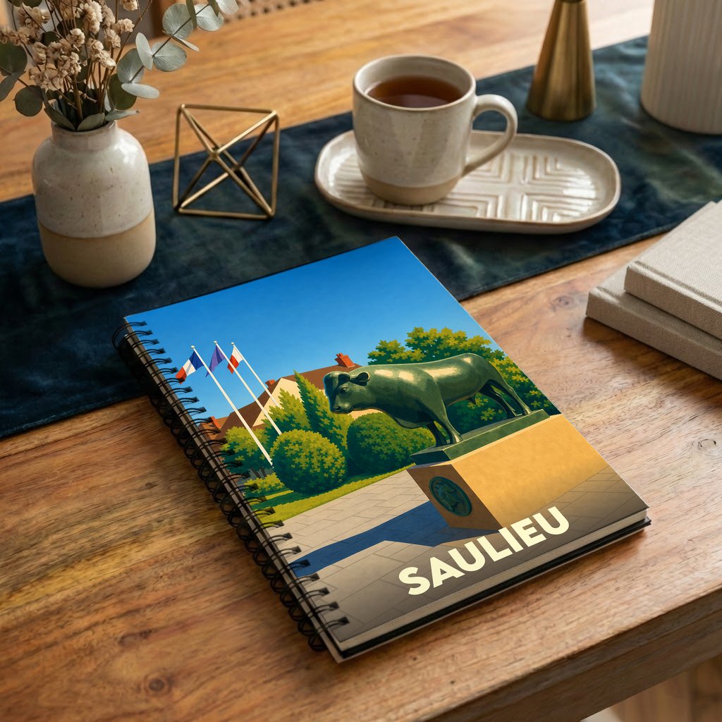 Carnet de notes souvenir de la ville de Saulieu illustré par la célèbre statue du taureau de François Pompon.