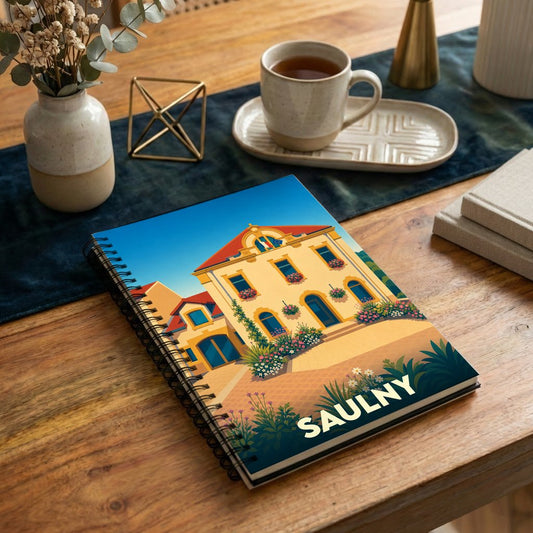 Carnet à spirales souvenir de la ville de Saulny avec une illustration stylisée et colorée de son hôtel de ville.