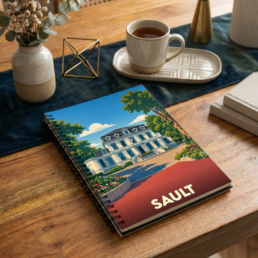 Carnet souvenir de la ville de Sault avec une illustration stylisée d'un bâtiment historique.