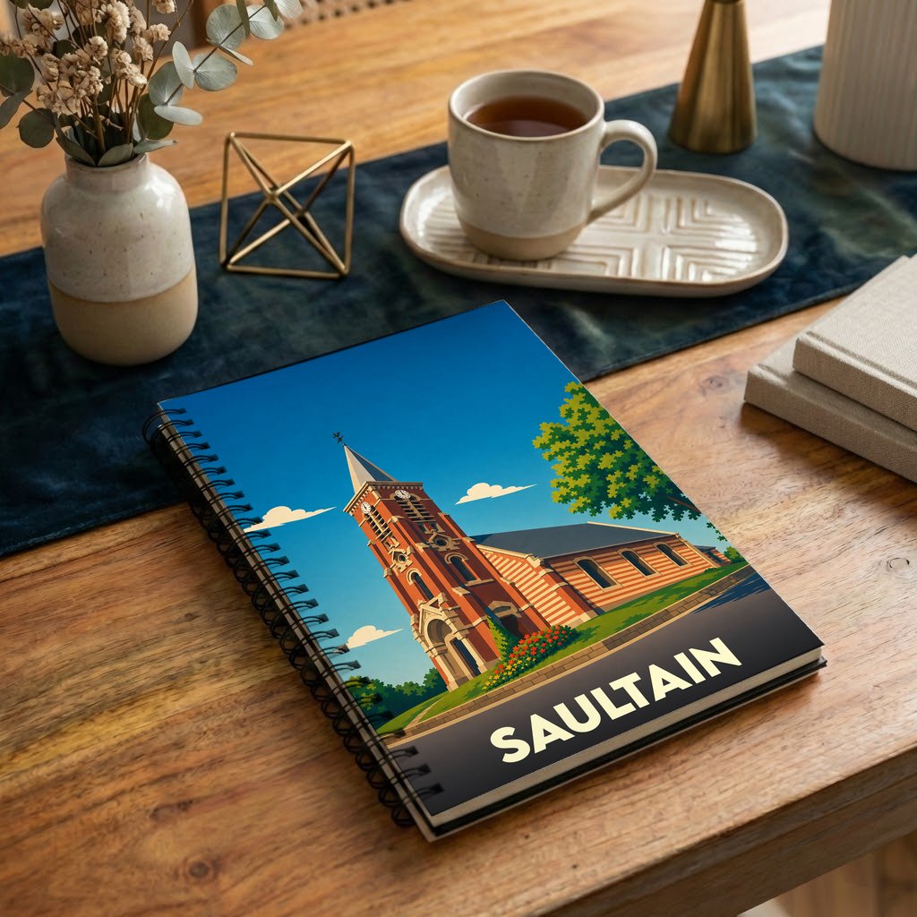 Carnet à spirales souvenir de la ville de Saultain avec une illustration stylisée de son église.
