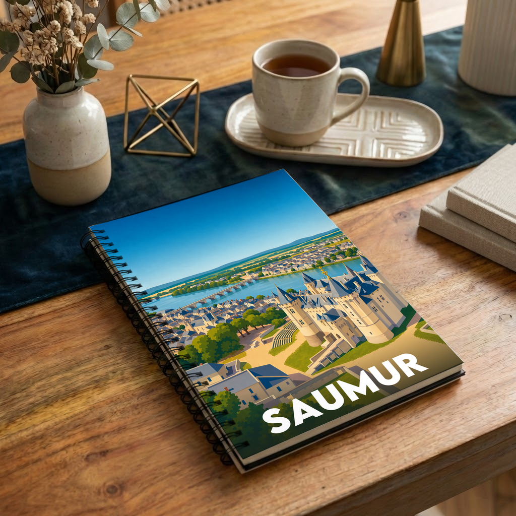 Carnet de notes souvenir de la ville de Saumur avec une illustration stylisée du château et de la Loire.