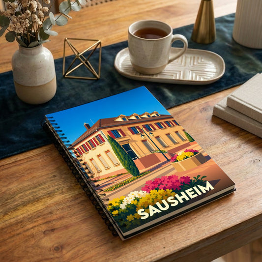 Carnet souvenir de la ville de Sausheim avec une illustration stylisée et colorée.