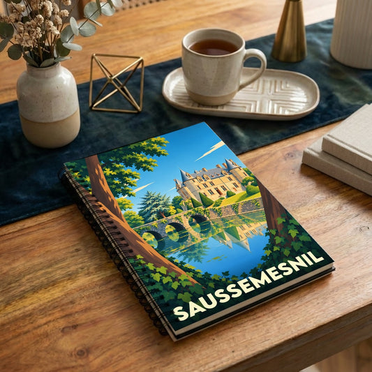 Carnet souvenir de la ville de Saussemesnil avec une illustration stylisée d'un château et son reflet dans l'eau.