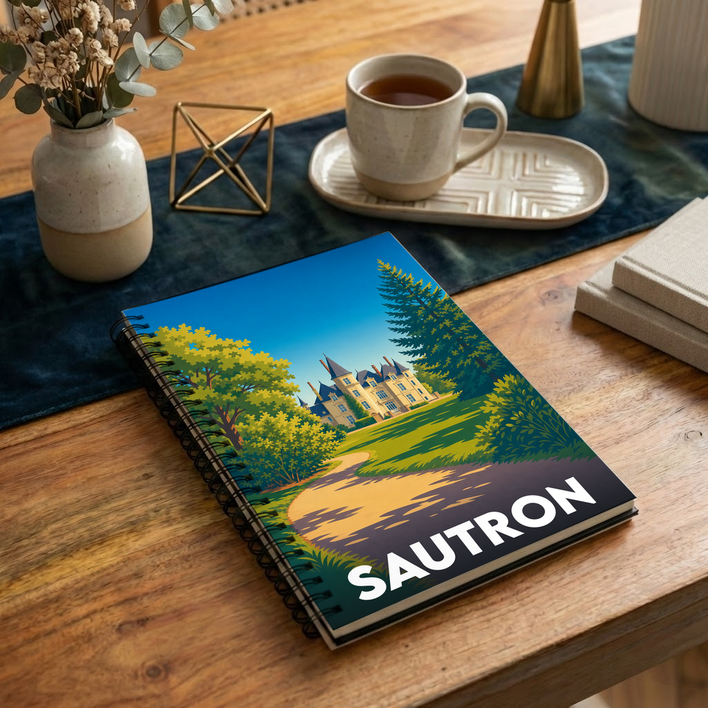Carnet à spirales souvenir de la ville de Sautron illustré par un château dans un parc arboré.