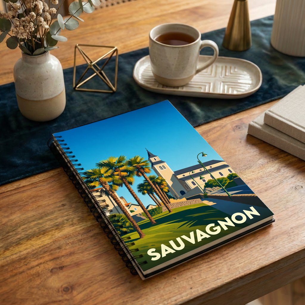 Carnet à spirale souvenir de la ville de Sauvagnon avec une illustration stylisée.